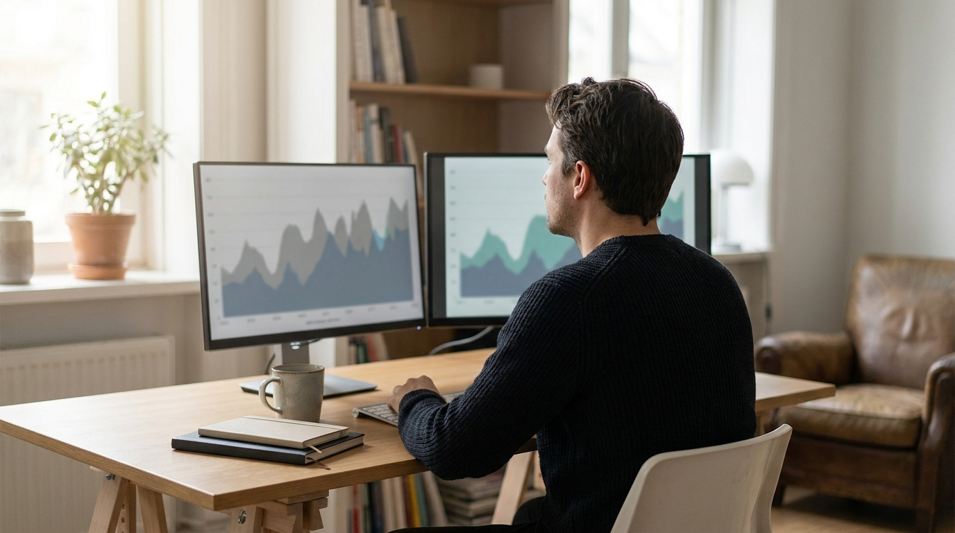 A calm trader sitting at a tidy desk in soft natural light, looking thoughtfully at two muted monitors, in a quiet and contemplative mood
