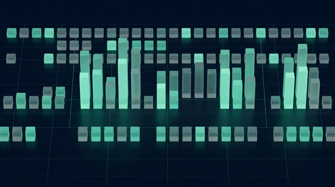 An abstract financial visual of uniform measured teal blocks of varying heights on a deep navy grid, representing standardized units of risk