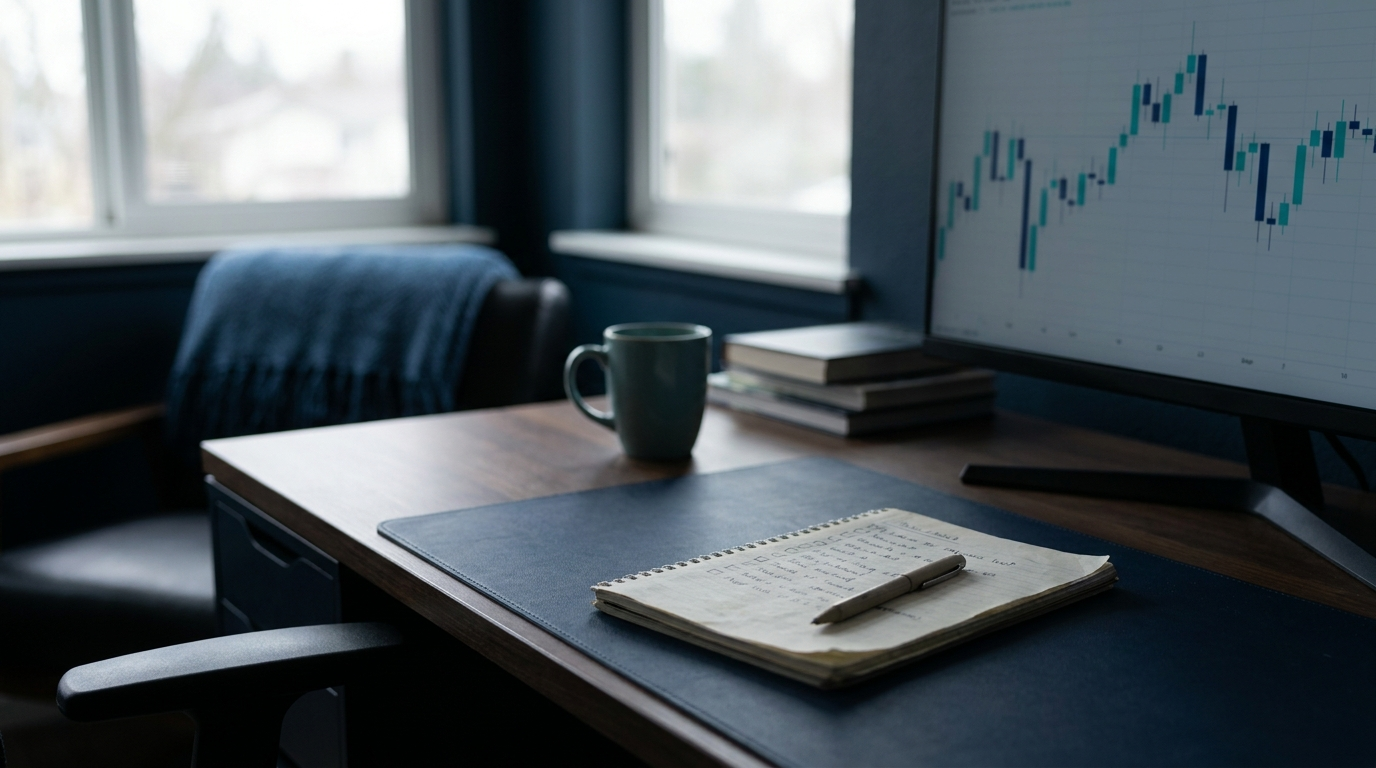 A calm home-office desk in soft morning light with an open paper notebook and pen beside a dimmed monitor showing a muted candlestick chart, suggesting a written trading plan