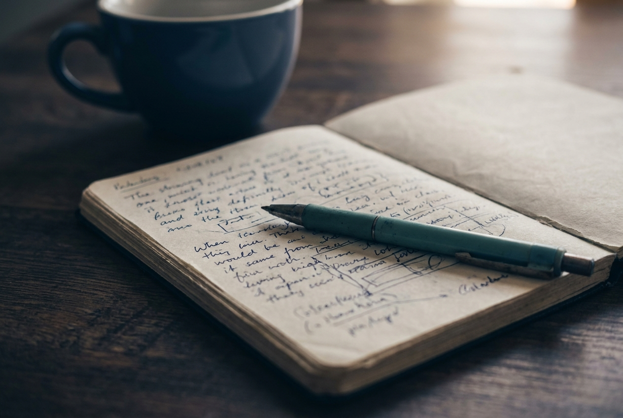 Close-up of a handwritten plan in a paper notebook with a pen resting across it, in muted navy and teal tones