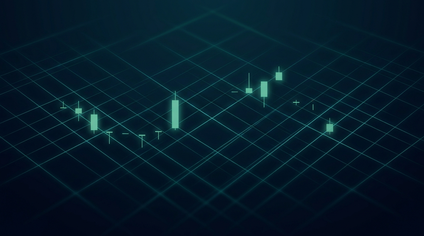 Abstract financial render of a precise teal grid with fine tick marks on deep navy, suggesting measured units of price movement