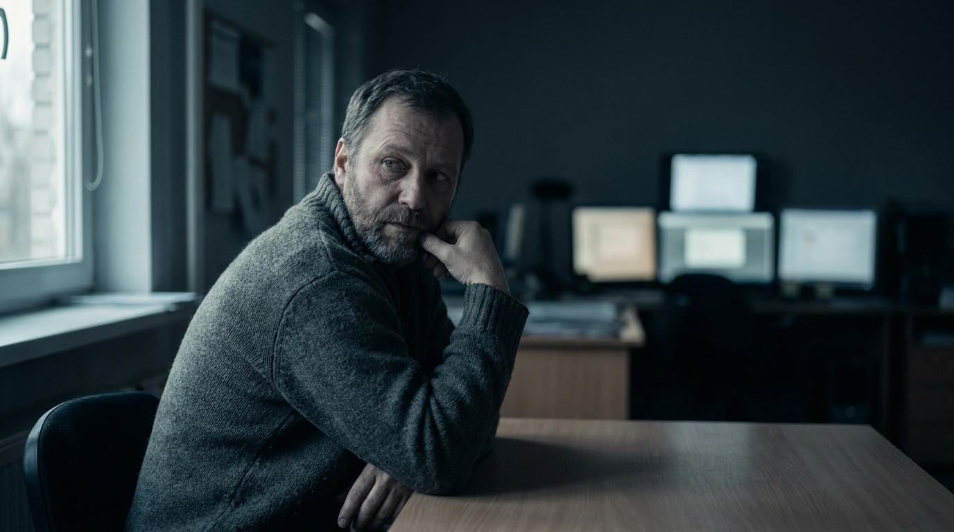 A focused trader at a dim desk glancing sideways toward distant out-of-focus glowing monitors, muted navy and teal tones