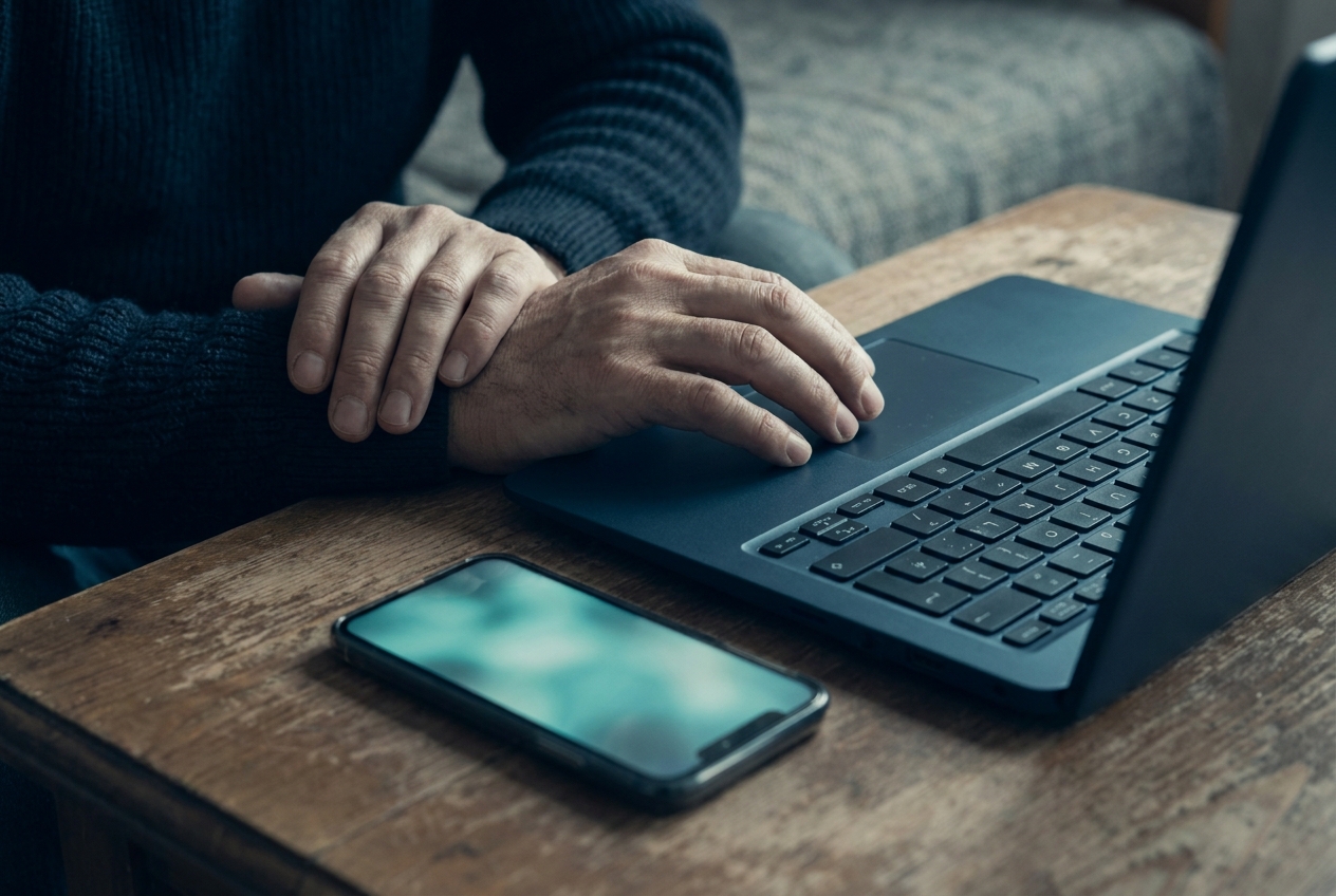 Close-up of a person's hands near a laptop with a phone face up beside it glowing faintly, muted navy and teal tones