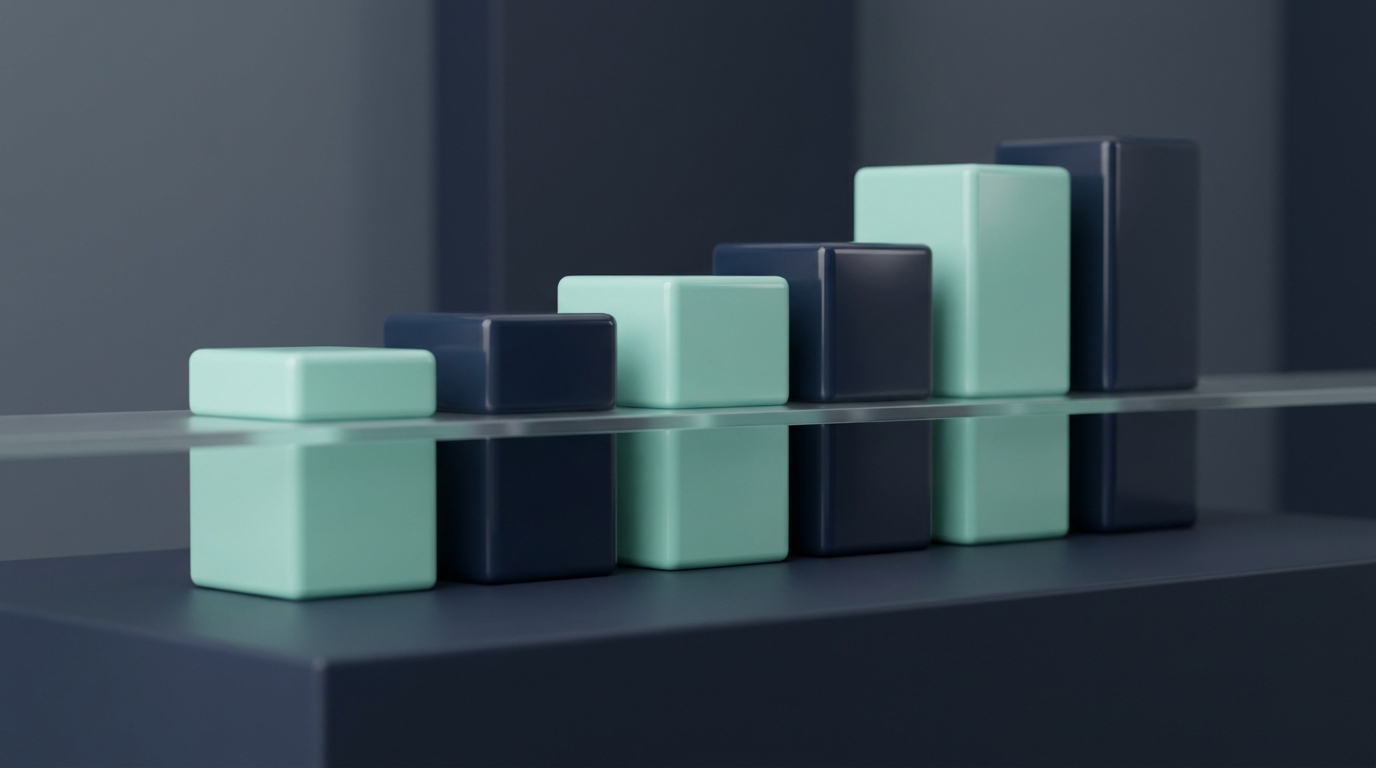 Branded 3D candlestick prisms in mint teal and navy rising in a row, one aligned level with a clean horizontal break-even plane