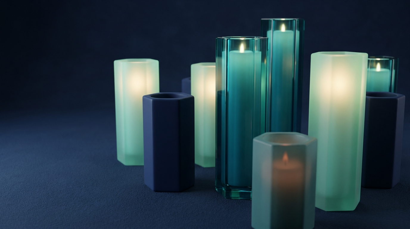 Branded 3D candlestick prisms in mint teal on a deep navy background, one candle dimmed and lower as if losing energy while the others stand tall