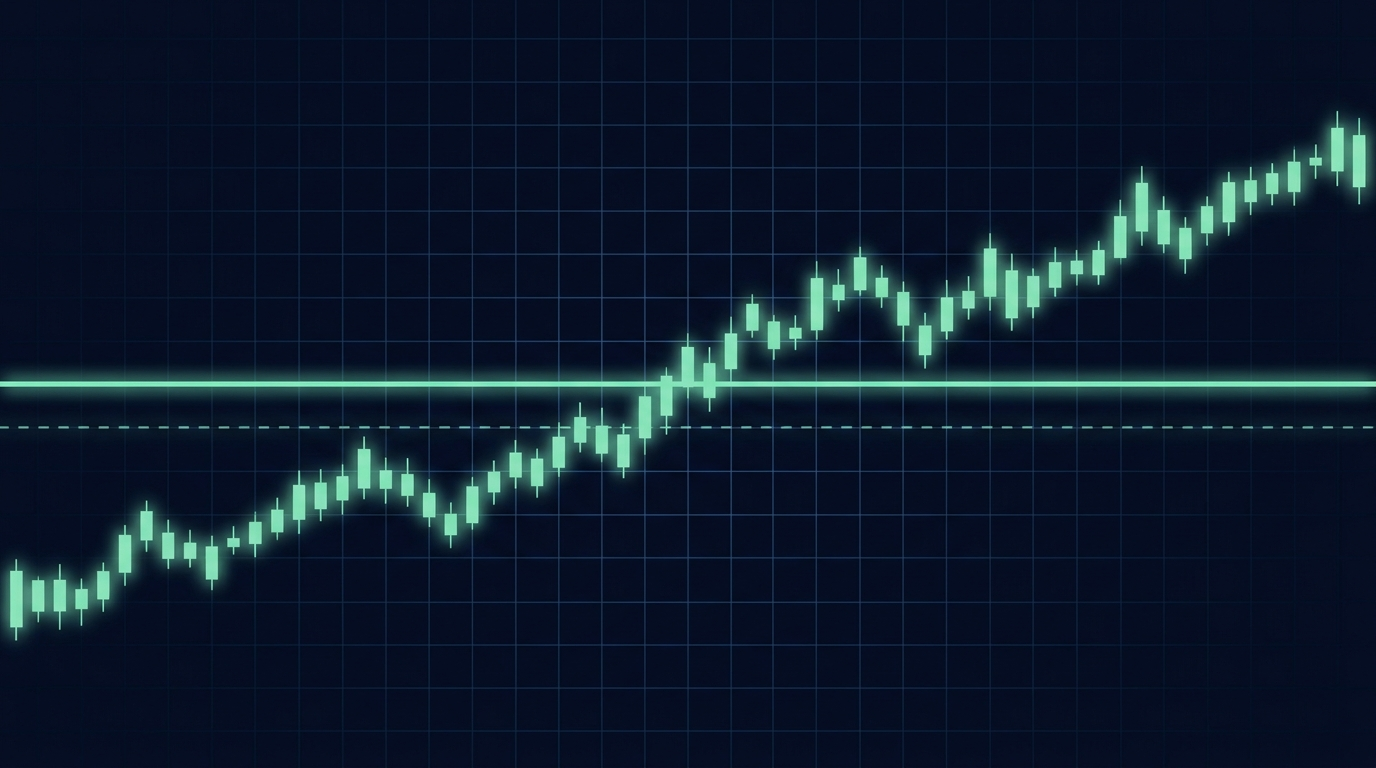 Abstract financial visualization on deep navy with minimal mint candlesticks and two horizontal price levels, one solid and one dashed, suggesting two kinds of stop