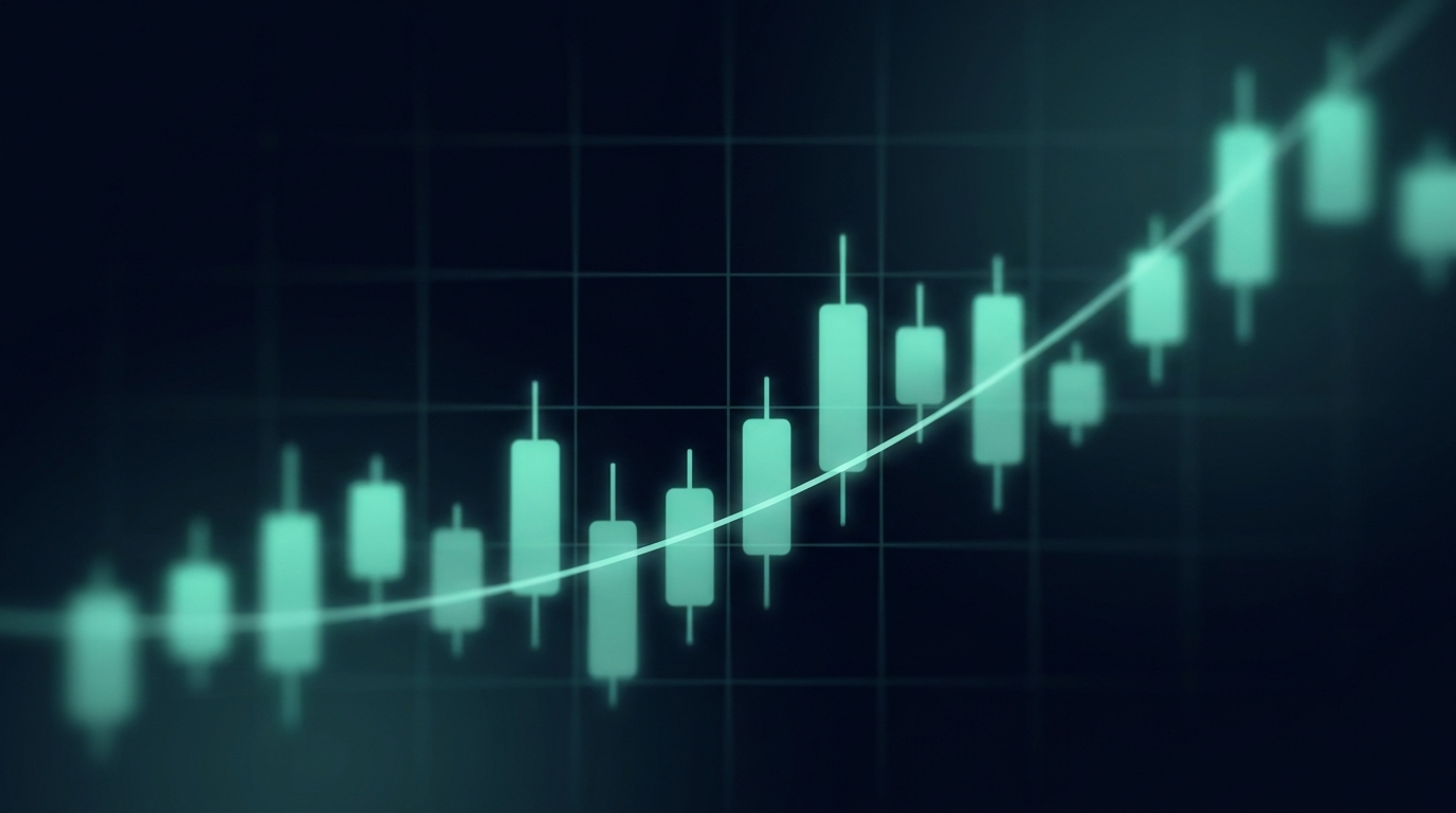 Abstract mint teal candlestick bars and a faint upward line on a deep navy background, suggesting averages and probability