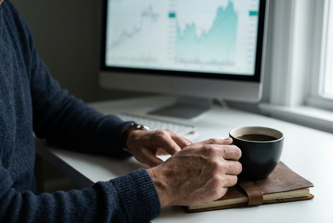 Close-up of a trader's hands resting calmly beside a notebook and coffee, a muted monitor blurred in the background