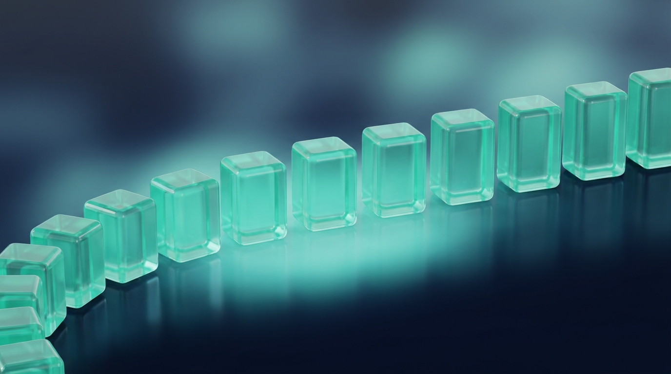 Chunky 3D mint teal candlestick prisms on a dark navy surface, arranged in a calm orderly row suggesting a steady process