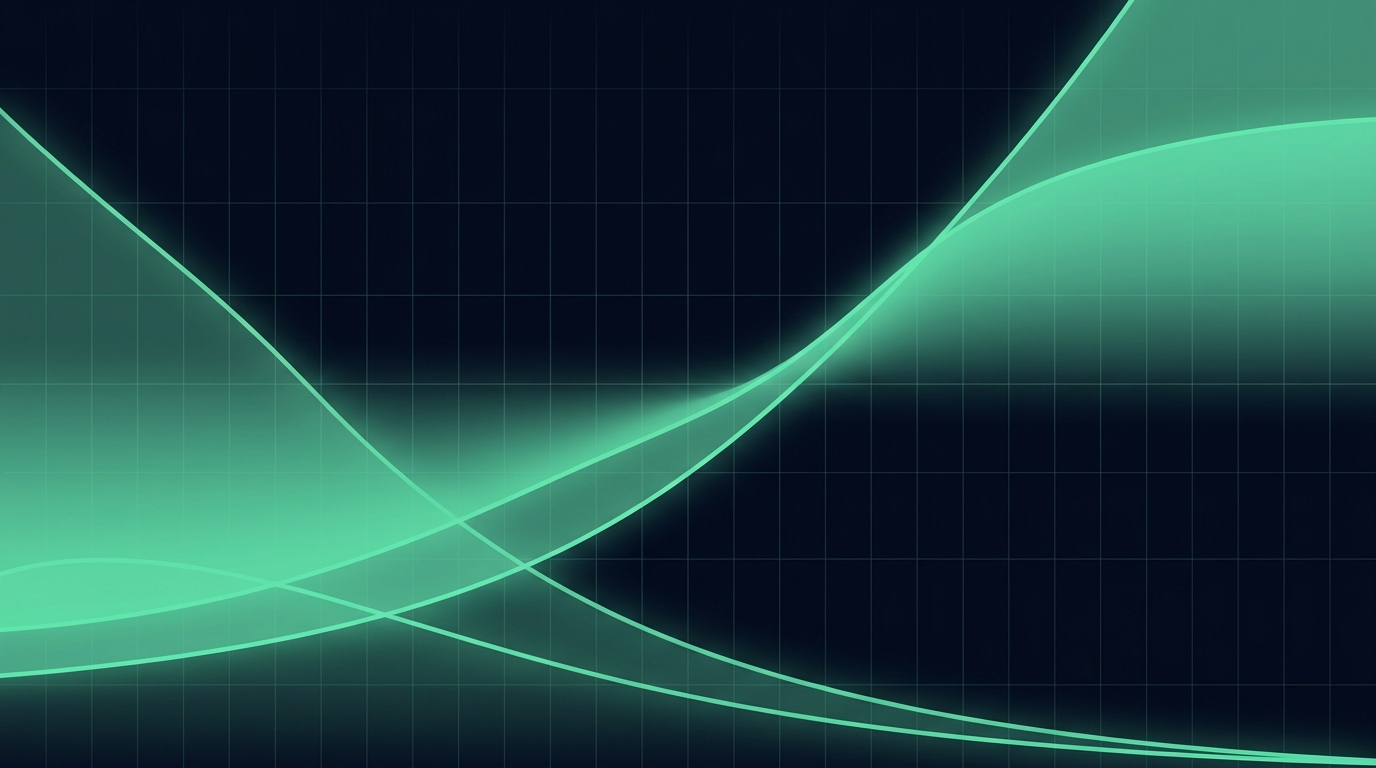Layered translucent mint curves resembling option payoff and decay diagrams on deep navy