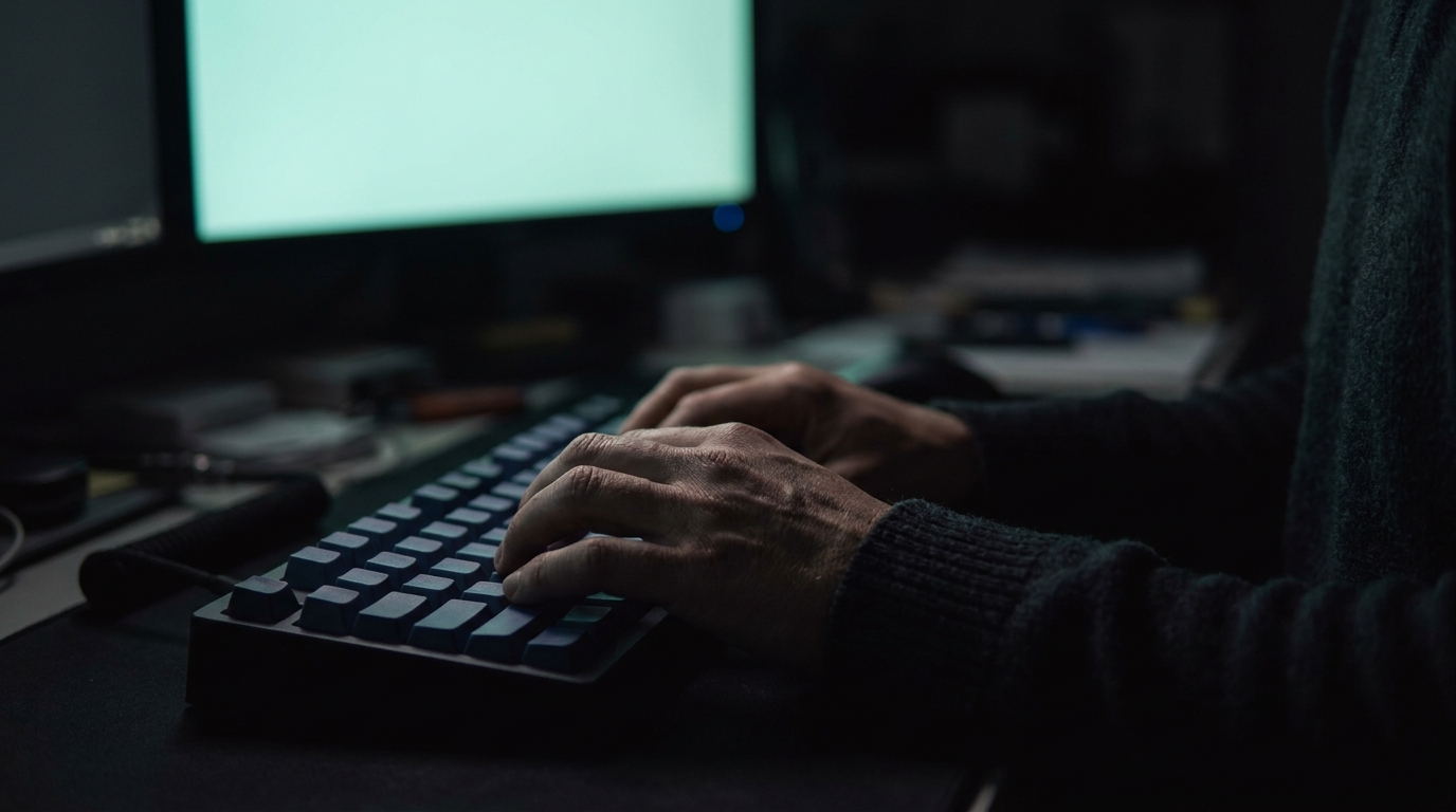 Trader hands on a keyboard lit by a single monitor in a dark room