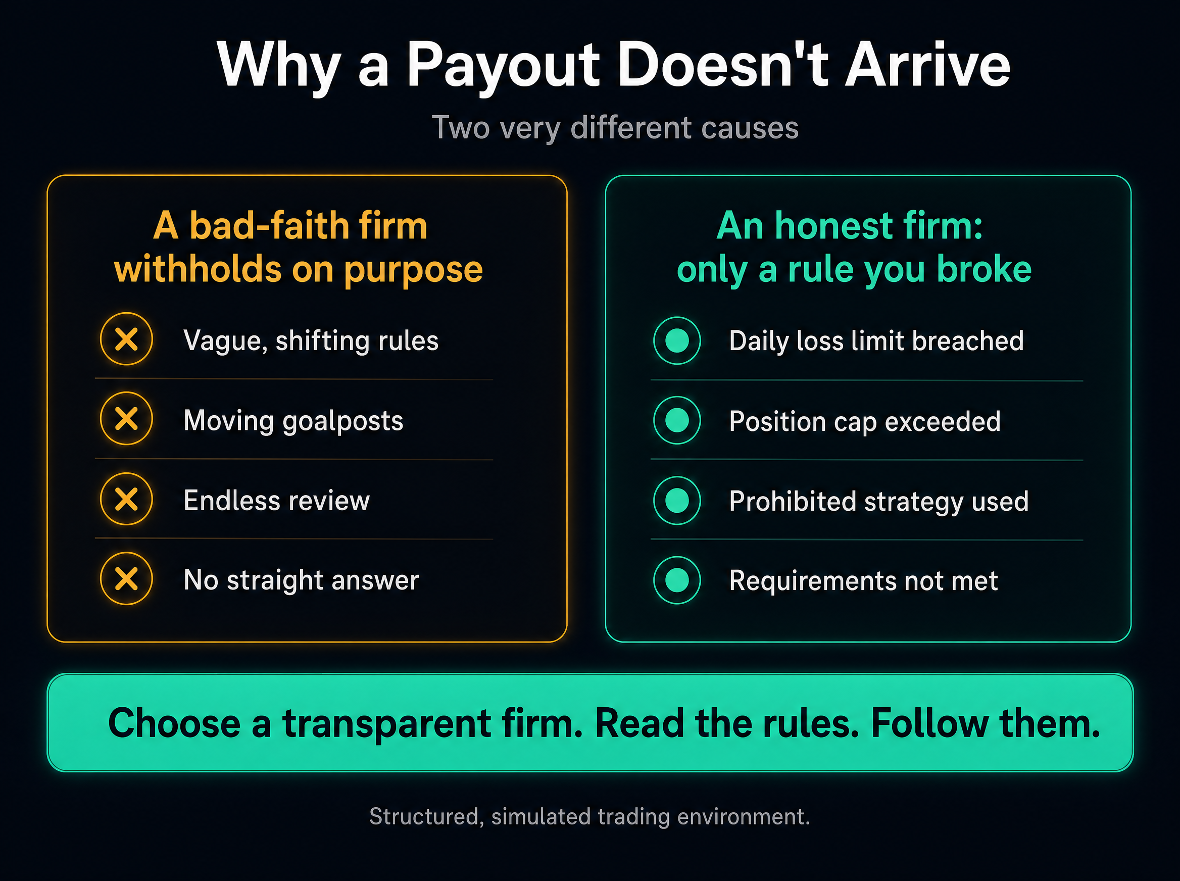 Infographic contrasting two causes of a denied payout: a bad-faith firm withholding on purpose (vague rules, moving goalposts, endless review, no straight answer) versus an honest firm where only a rule you broke stops a payout (daily loss limit breached, position cap exceeded, prohibited strategy used, requirements not met). Choose a transparent firm, read the rules, follow them.