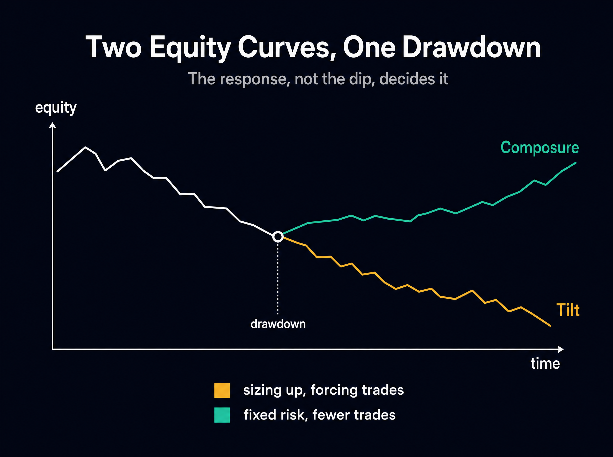 Infographic: from the same drawdown, an amber tilt path declines further while a teal composed path stabilizes and recovers.