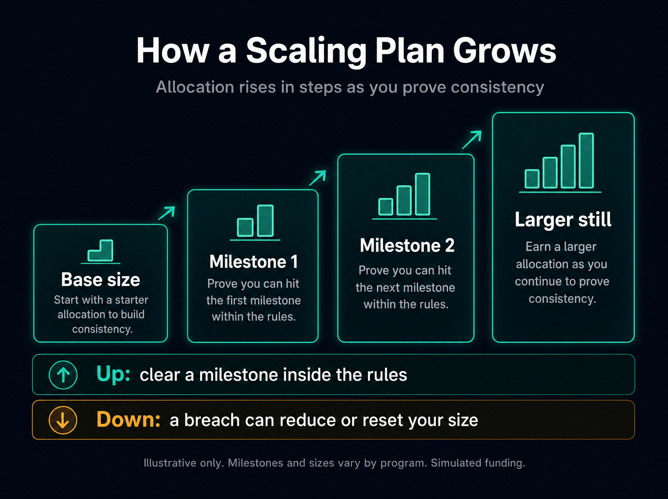 Infographic: a scaling plan grows allocation in steps from a base size through milestones to a larger size, with an up path for clearing milestones inside the rules and a down path where a breach can reduce or reset your size.