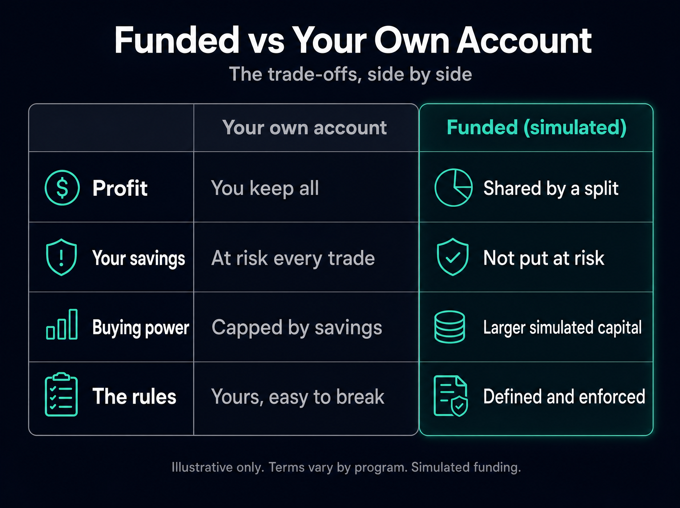 Infographic comparing your own account versus a funded simulated account across profit, savings at risk, buying power, and the rules.