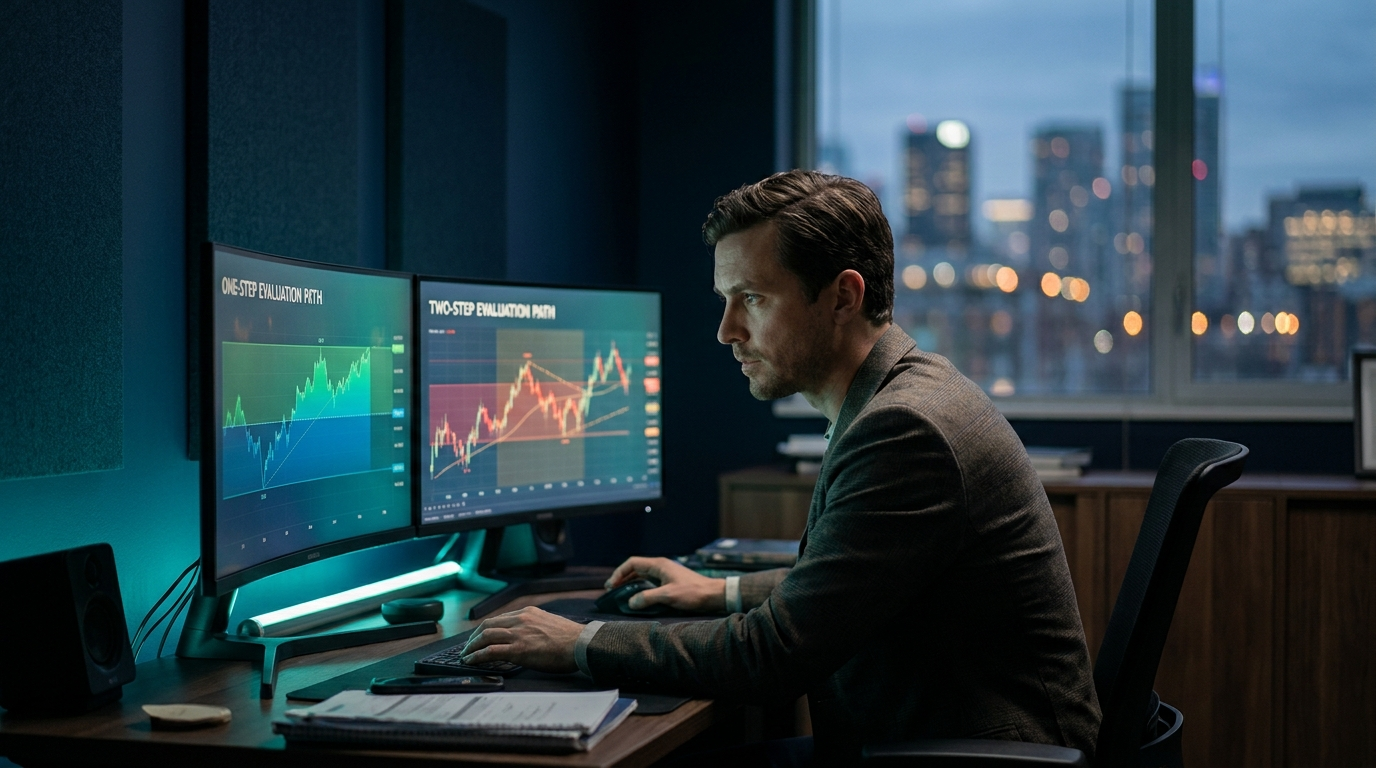 A trader comparing two side-by-side monitors each showing a different chart and path, representing the choice between a one-step and a two-step evaluation