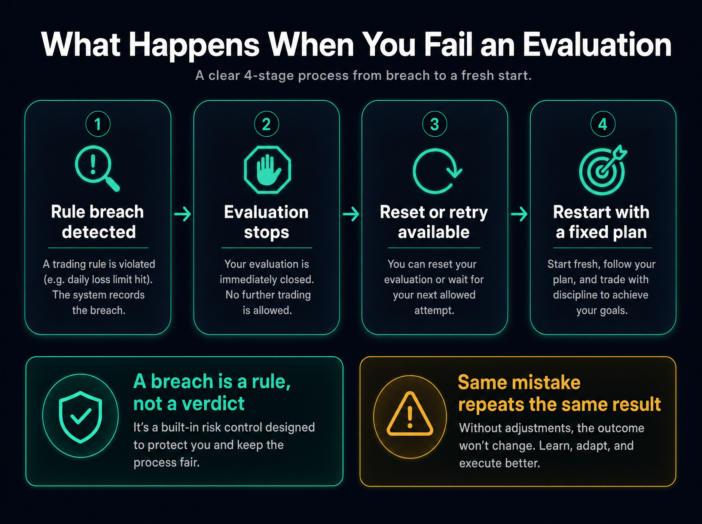 Infographic: failing an evaluation is a four-stage flow from a rule breach being detected, to the evaluation stopping, to a reset or retry, to restarting with a fixed plan, with a note that a breach is a rule not a verdict and that the same mistake repeats the same result.