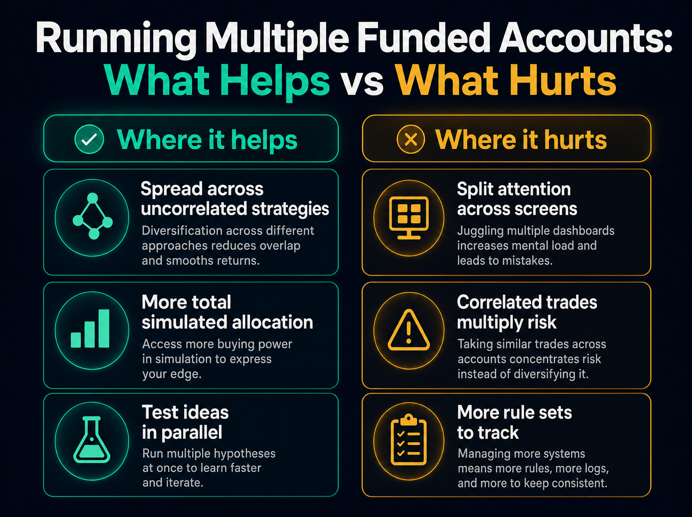 Infographic comparing where running multiple funded accounts helps, such as spreading across uncorrelated strategies and testing ideas in parallel, against where it hurts, such as splitting attention, correlated trades multiplying risk, and more rule sets to track.