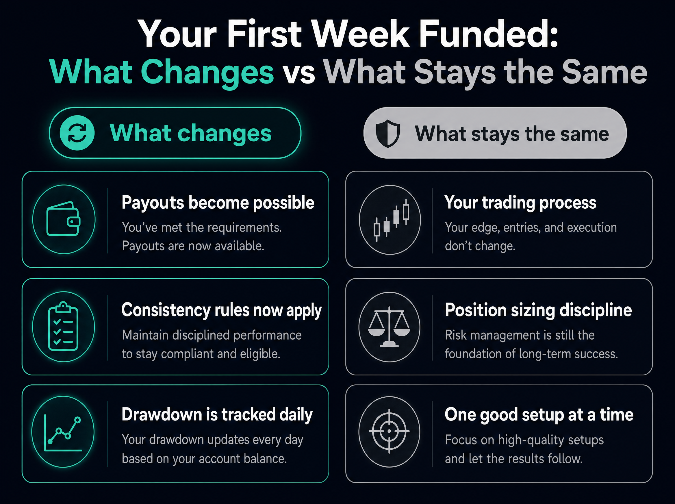 Infographic contrasting what changes in your first funded week, such as payouts becoming possible, consistency rules applying, and drawdown tracked daily, against what stays the same, such as your trading process, position sizing discipline, and taking one good setup at a time.