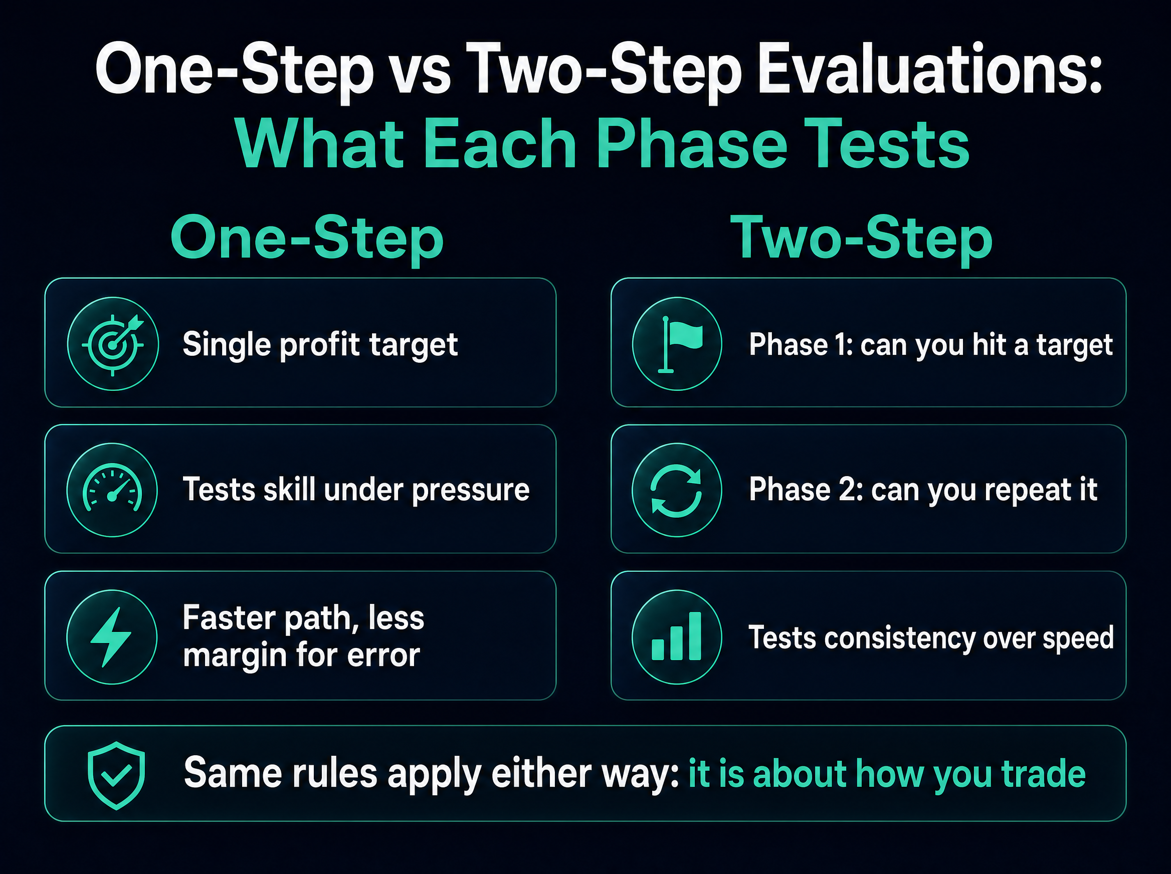 Infographic comparing a one-step evaluation, which has a single profit target and tests skill under pressure, against a two-step evaluation, where phase one checks whether you can hit a target and phase two checks whether you can repeat it, with a note that the same rules apply either way.