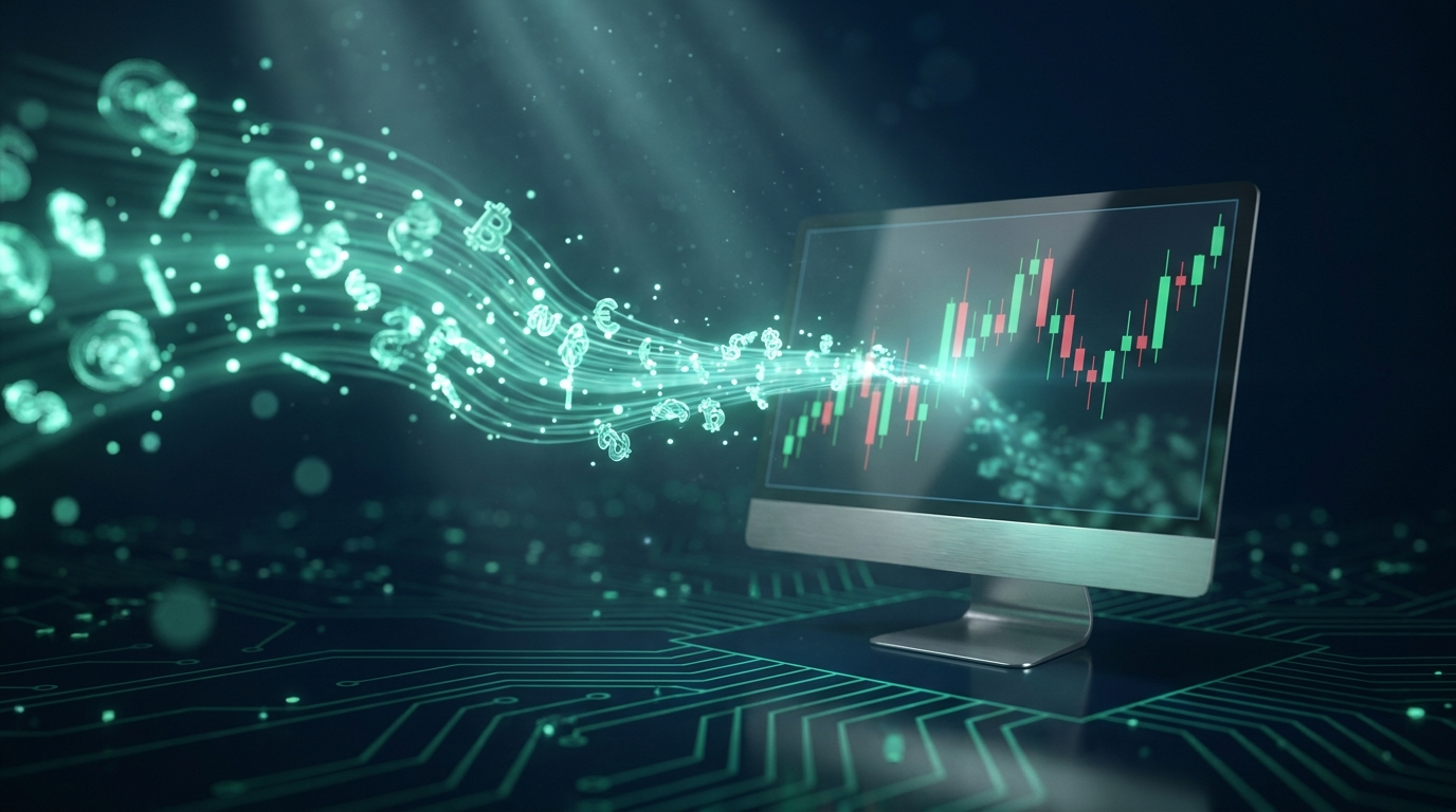 A cinematic render of a glowing teal capital stream flowing into a dark trading terminal with charts, representing how prop firm funding allocates capital