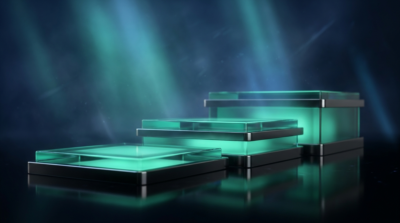 A cinematic render of three glowing teal tiered platforms of increasing height, representing ascending funded account size tiers