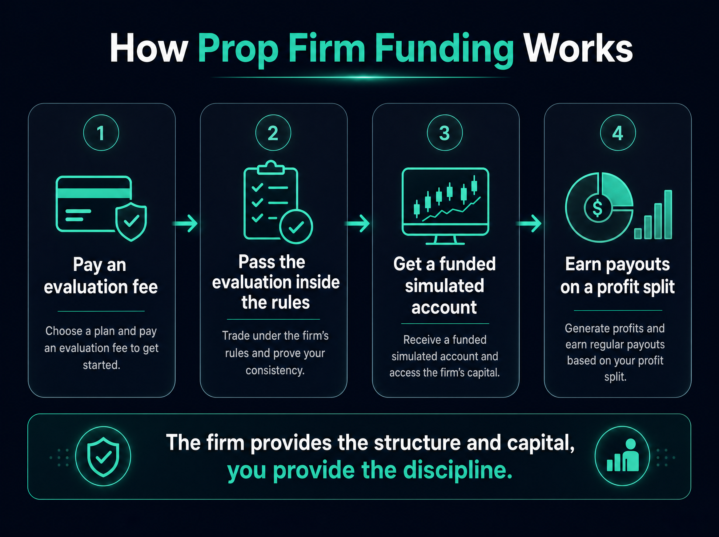 Infographic: how prop firm funding works as a four-stage flow, from paying an evaluation fee, to passing the evaluation inside the rules, to receiving a funded simulated account, to earning payouts on a profit split, with the firm providing the structure and the trader providing the discipline.