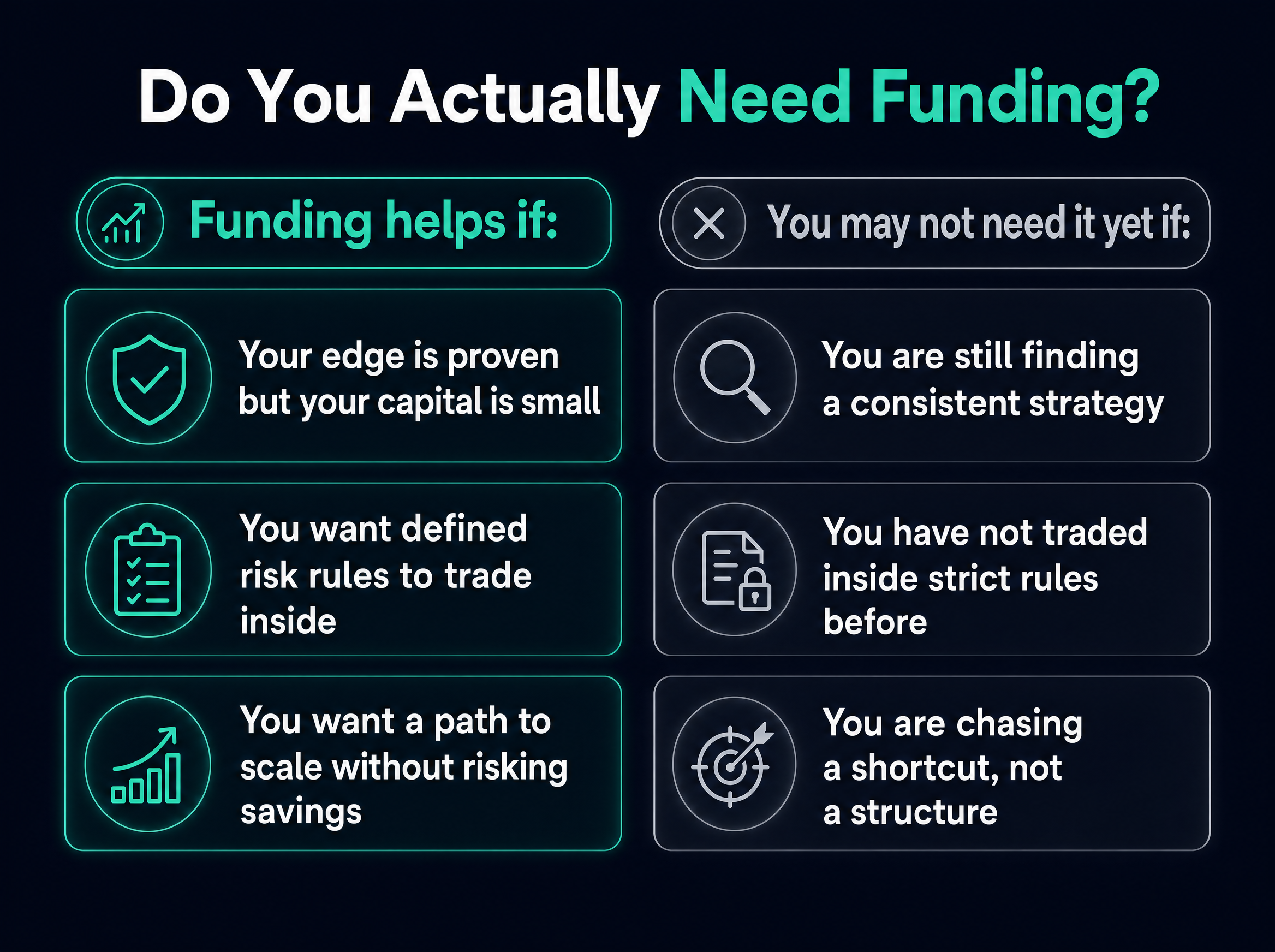 Infographic with two columns: funding helps if your edge is proven but capital is small, you want defined risk rules, and you want to scale without risking savings; you may not need it yet if you are still finding a consistent strategy, have not traded inside strict rules, or are chasing a shortcut.