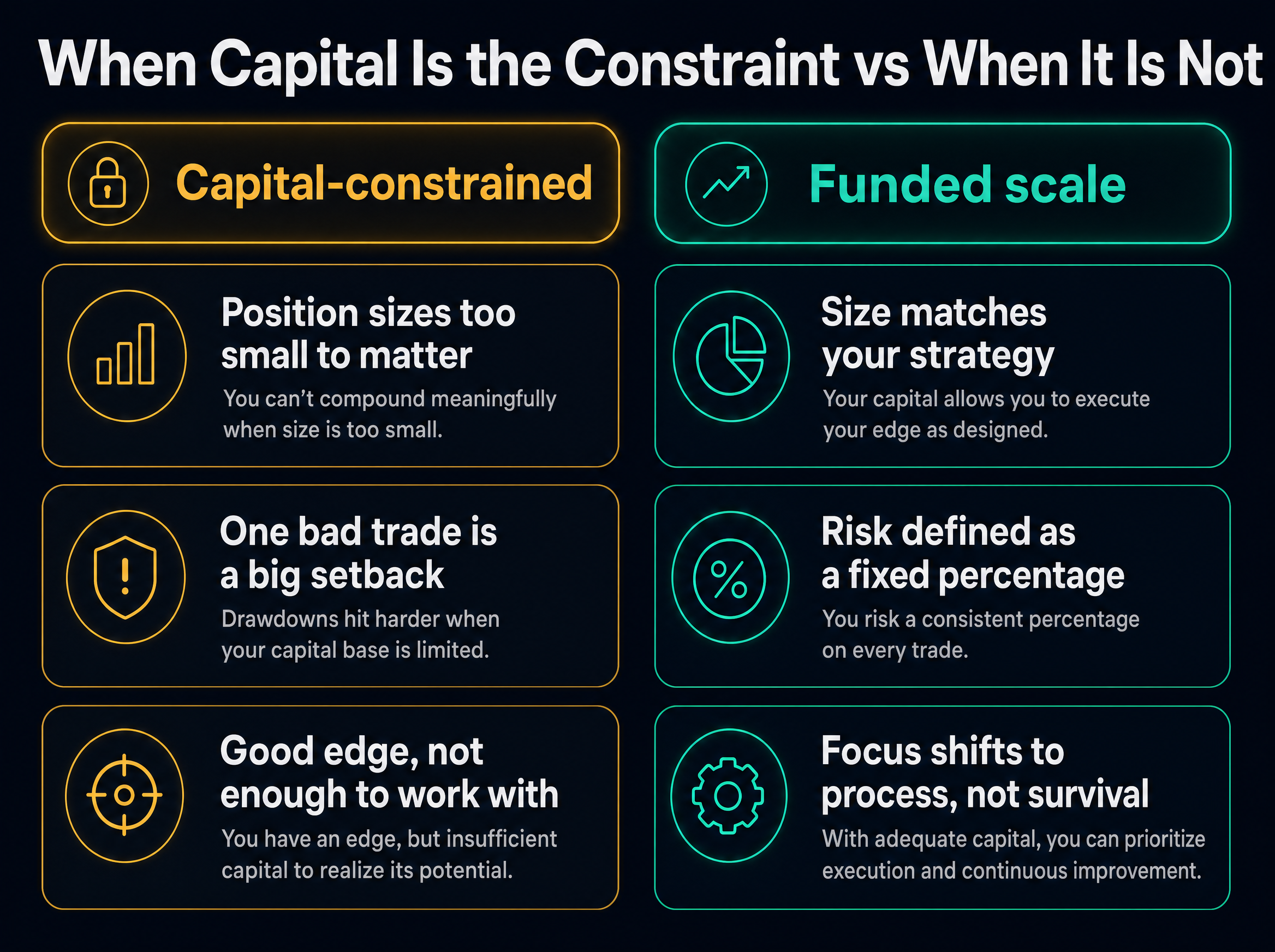 Infographic contrasting being capital-constrained, where position sizes are too small to matter, one bad trade is a big setback, and a good edge has too little to work with, against funded scale, where size matches the strategy, risk is a fixed percentage, and focus shifts to process rather than survival.