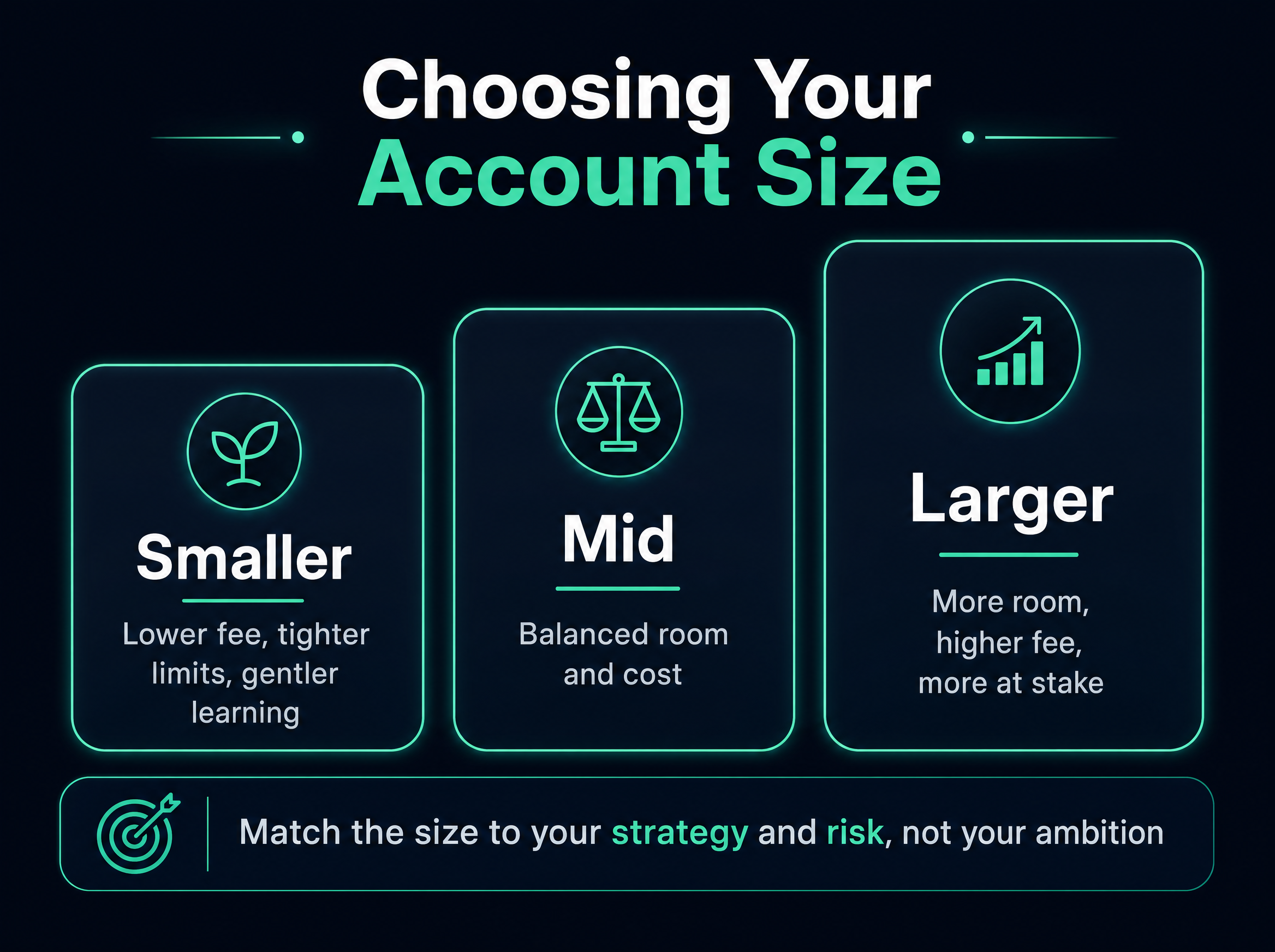 Infographic showing three account-size tiers of increasing height: a smaller account with lower fee and tighter limits, a mid account with balanced room and cost, and a larger account with more room but higher fee and more at stake, with advice to match size to strategy and risk rather than ambition.