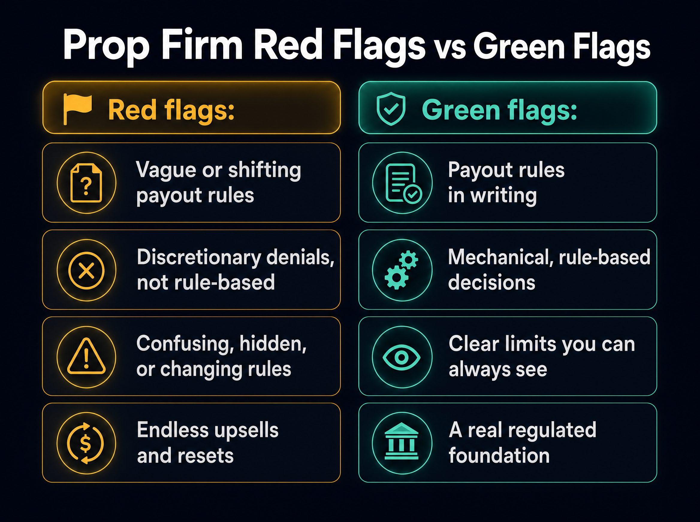 Infographic comparing prop firm red flags, such as vague or shifting payout rules, discretionary denials, confusing or changing rules, and endless upsells and resets, against green flags, such as payout rules in writing, mechanical rule-based decisions, clear visible limits, and a real regulated foundation.