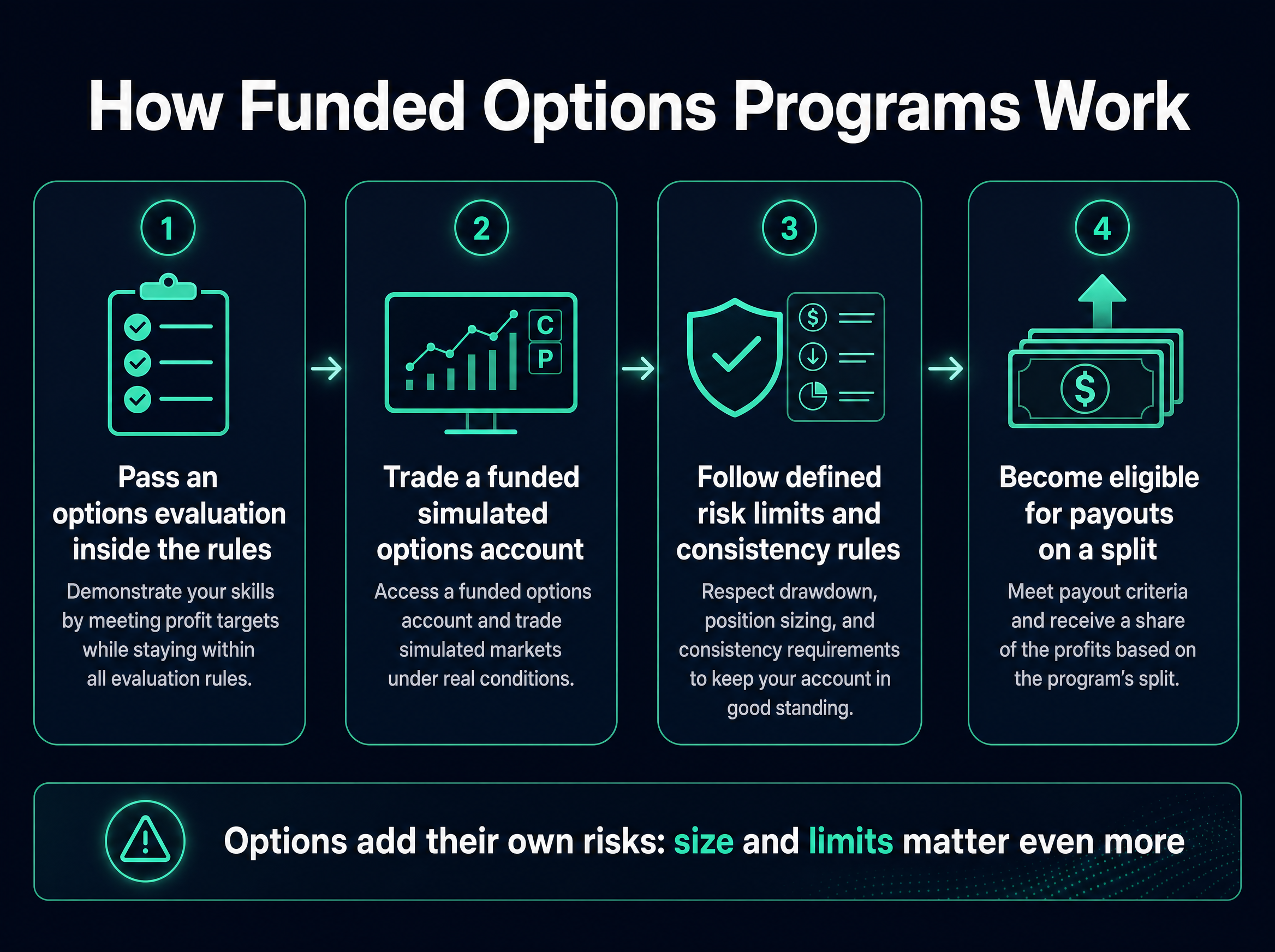 Infographic showing how funded options programs work as a four-stage flow: pass an options evaluation inside the rules, trade a funded simulated options account, follow defined risk limits and consistency rules, and become eligible for payouts on a split, noting that options add their own risks so size and limits matter even more.
