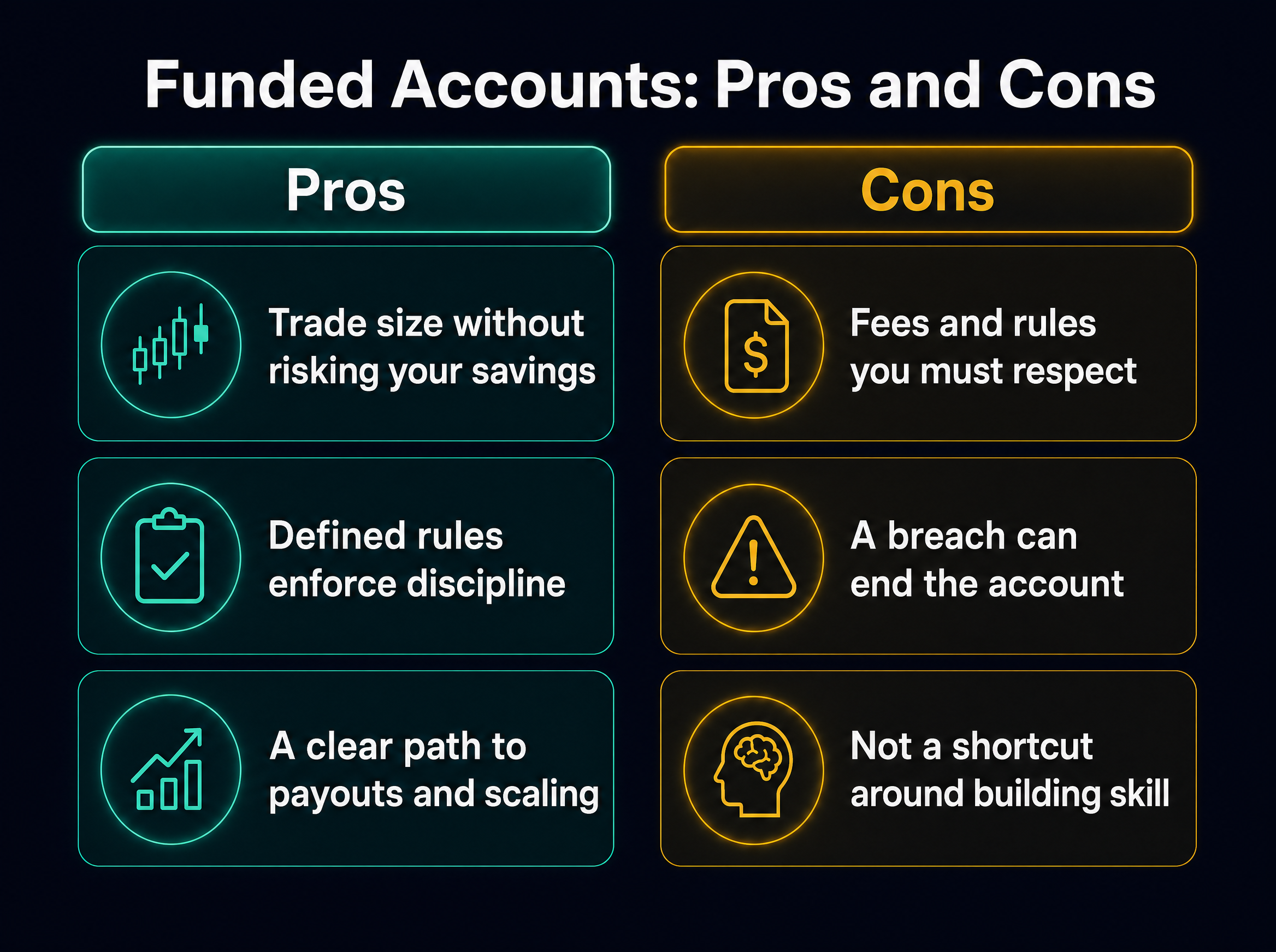 Infographic listing the pros of funded accounts, including trading size without risking your savings, defined rules that enforce discipline, and a clear path to payouts and scaling, against the cons, including fees and rules you must respect, a breach that can end the account, and that it is not a shortcut around building skill.
