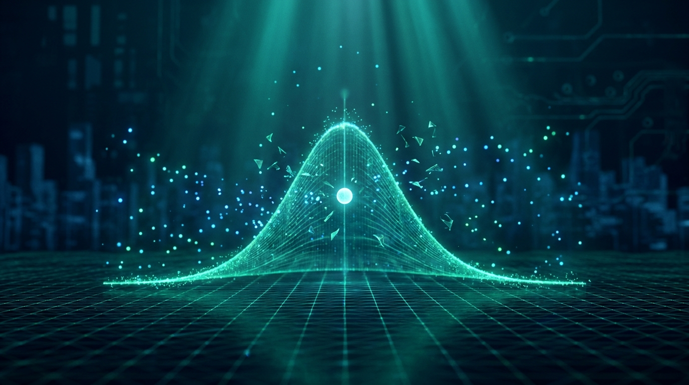 A cinematic render of a glowing teal bell curve and data points resolving into a single value, representing trading expectancy