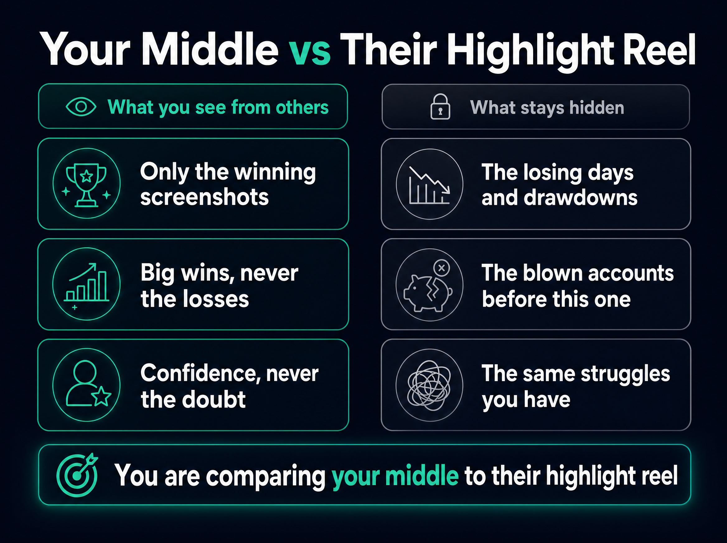 Infographic contrasting what you see from other traders, only winning screenshots, big wins never losses, and confidence never doubt, against what stays hidden, the losing days and drawdowns, the blown accounts before this one, and the same struggles you have, with the note that you are comparing your middle to their highlight reel.