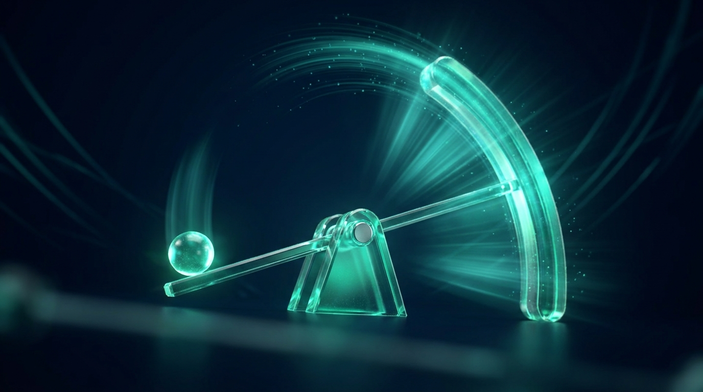 A cinematic render of a glowing teal lever and fulcrum amplifying a small force into a large swing, representing leverage in trading