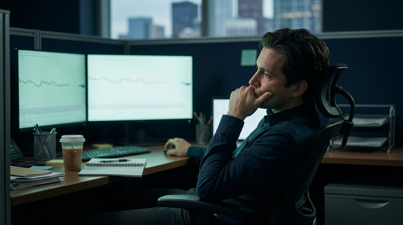A cinematic photograph of a bored trader slumped at a quiet desk with flat charts, representing boredom as a trading risk