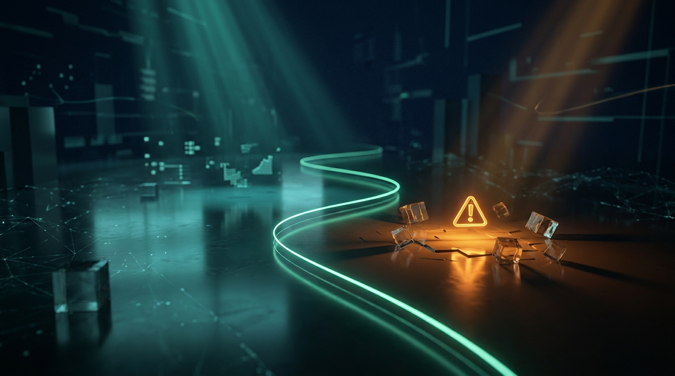 A cinematic render of a glowing teal boundary line with a small area crossing into amber, representing a trading rule violation