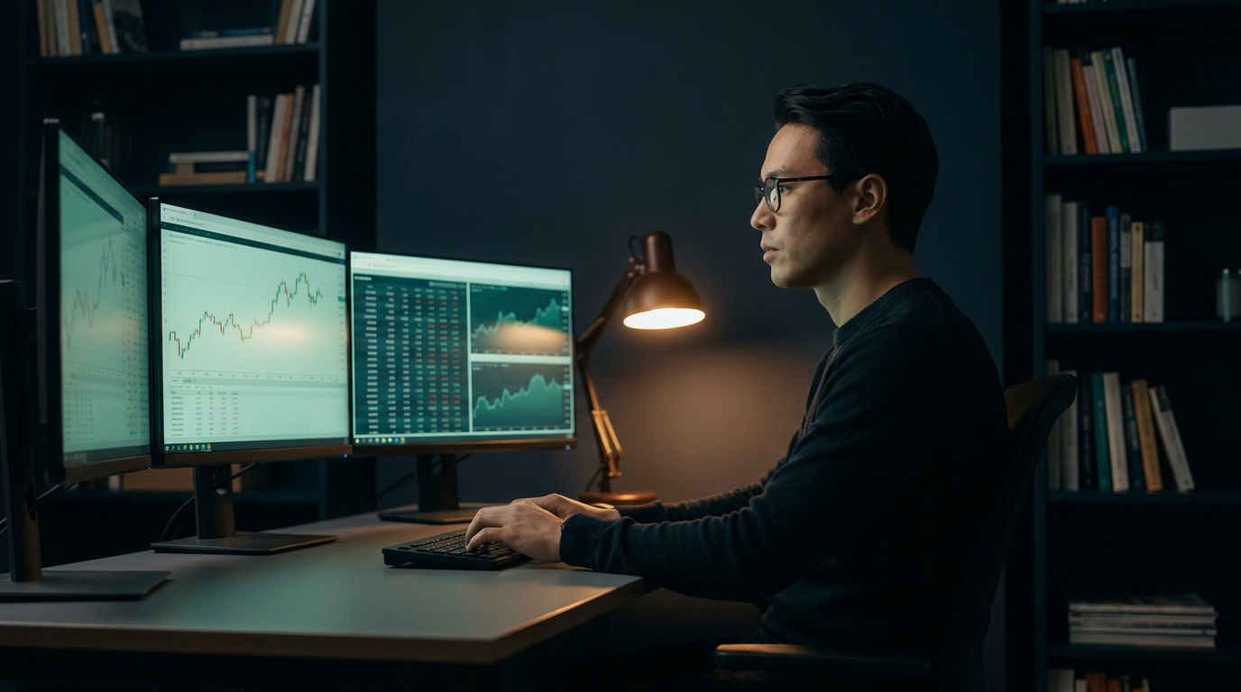 A calm, focused trader sitting upright at a multi-monitor desk in a dark navy office lit by soft teal-green screen glow