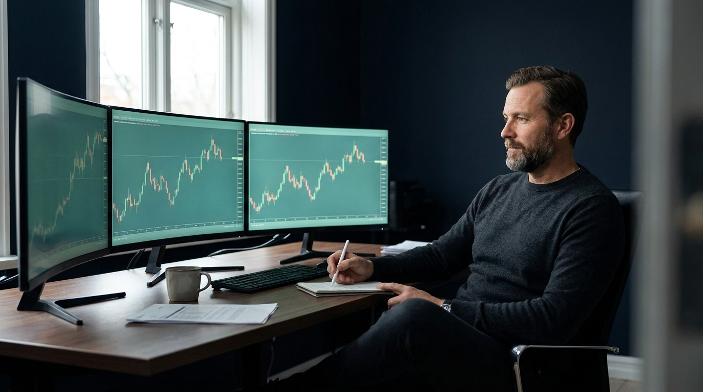 A professional futures trader at a wide multi-monitor desk reviewing two side-by-side candlestick charts in a dark navy office