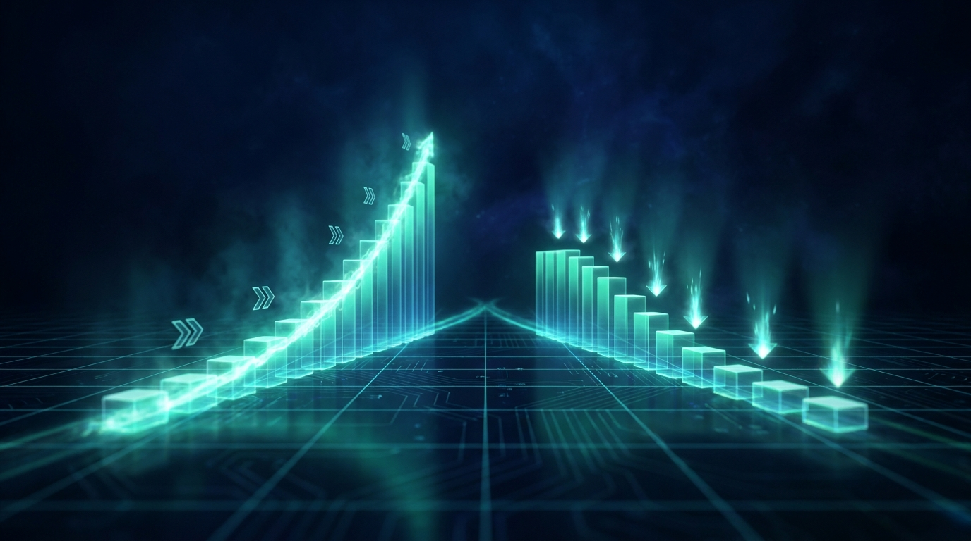 An abstract brand-colored 3D render of two glowing teal-green ascending bar-chart paths diverging over a dark grid