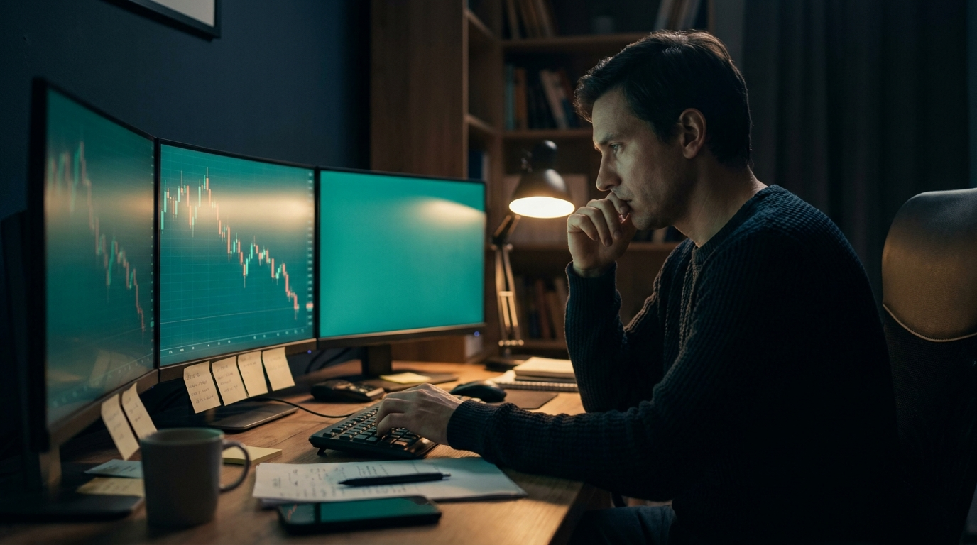 A focused professional trader at a multi-monitor desk studying a declining candlestick chart in a dark navy office with teal-green screen glow