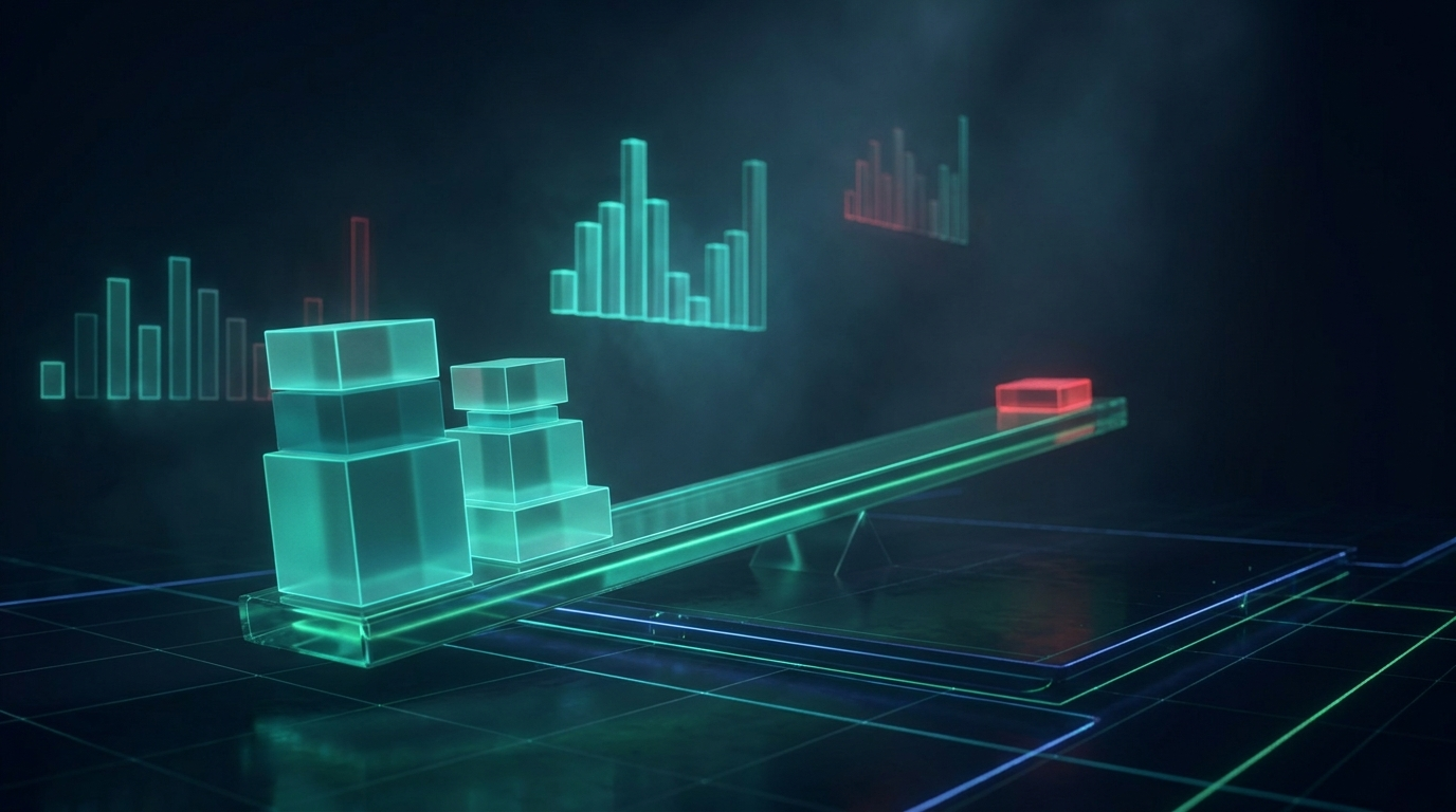 A glowing balance beam holding measured stacks of translucent teal data blocks with one small red accent block, in a dark navy data environment
