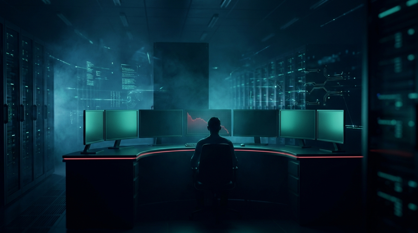 A lone trader seen from behind sitting still at a dark multi-monitor desk with hands away from the keyboard, one screen showing a faint red declining chart