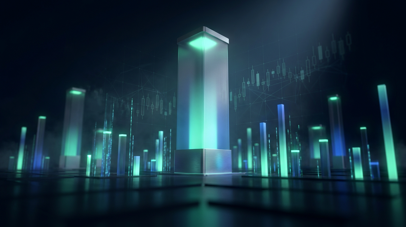 One large dominant luminous tower surrounded by many smaller satellite towers of light in a dark navy crypto data environment