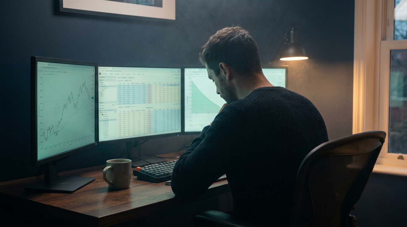 A trader at a dark multi-monitor desk lit by teal screen glow, faint options chains on screen, representing theta decay in day trading options