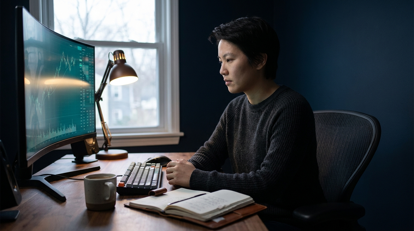 A trader beginning the day at a tidy dark desk with a journal and coffee in soft pre-dawn light, representing a disciplined daily trading routine