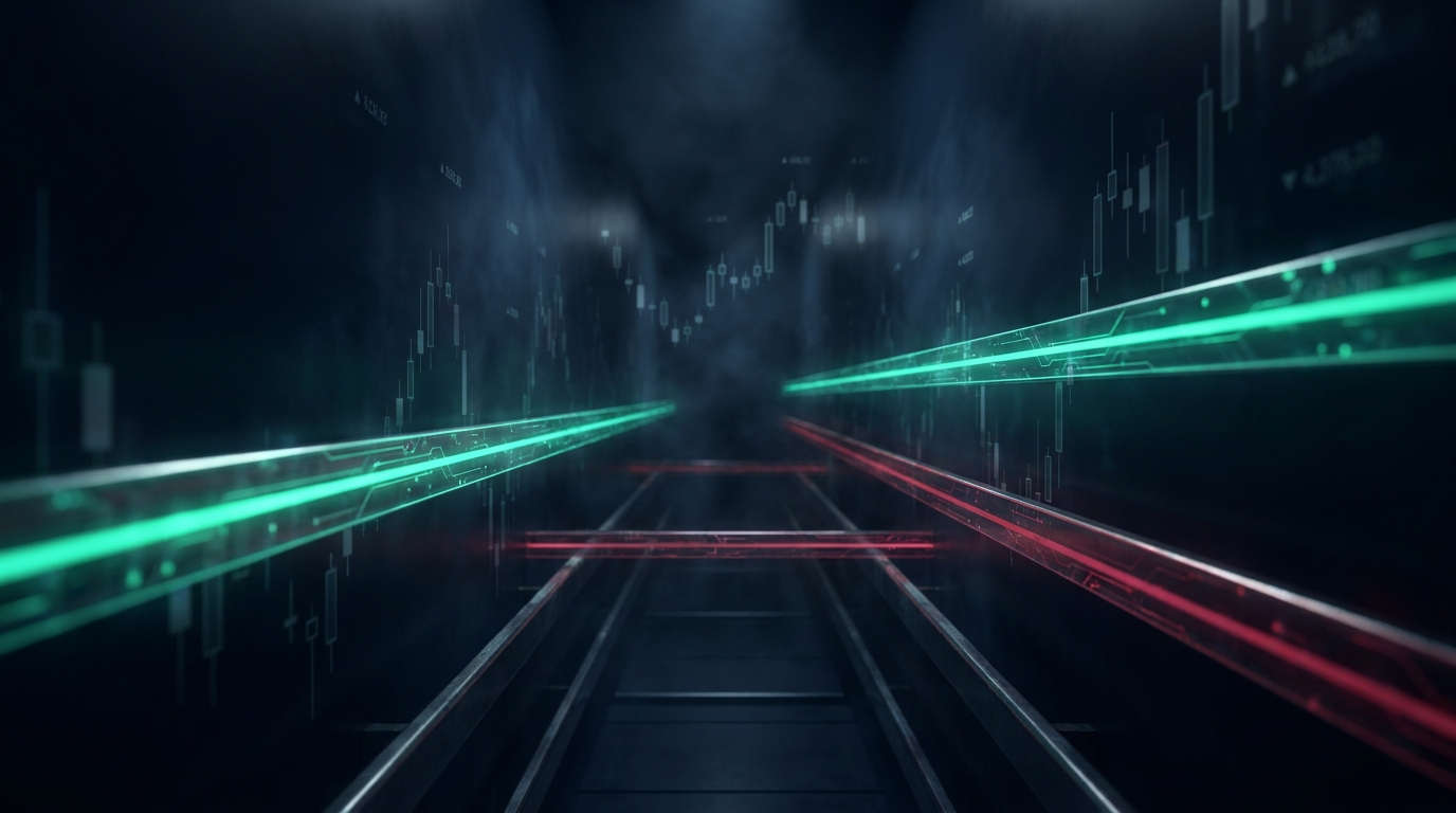 A dark data corridor with two glowing horizontal guardrail lines at different depths, a nearer teal line and a deeper red line, representing a daily loss limit and a maximum drawdown