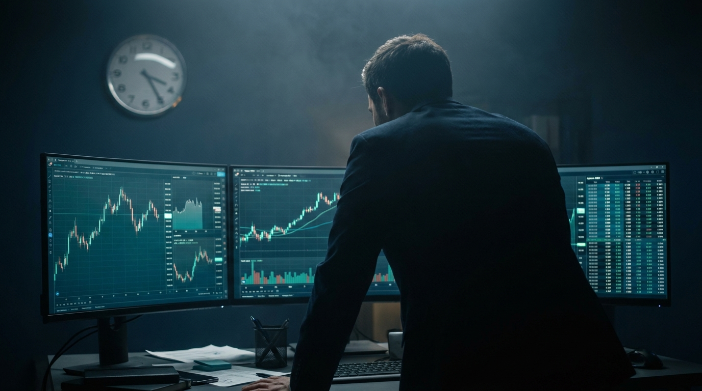 A professional trader at a multi-monitor desk late in the session studying fast-moving options chains, representing 0DTE options in a funded account