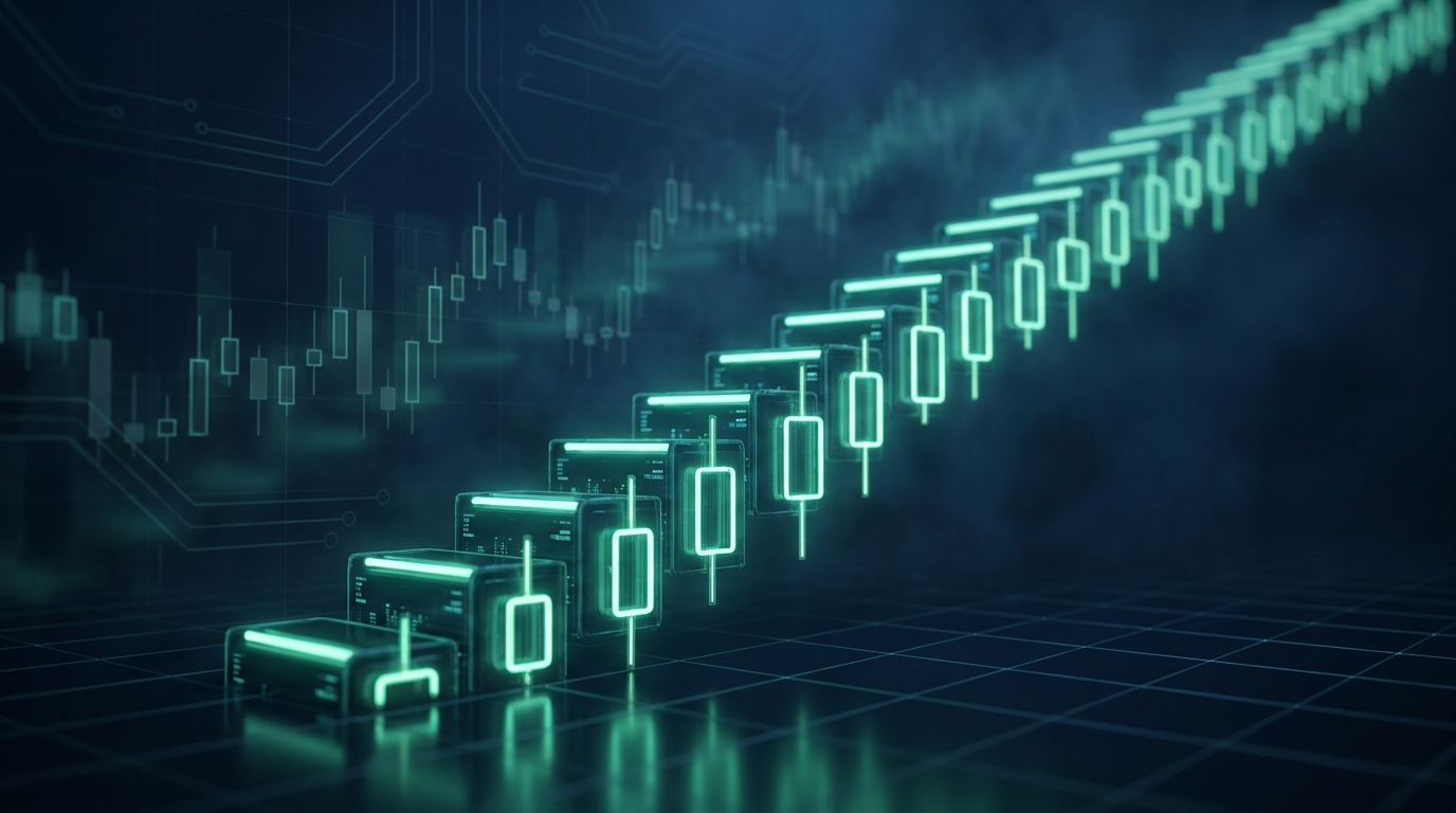 An ascending staircase of glowing teal candlesticks over a dark grid, representing scaling into a position in stages